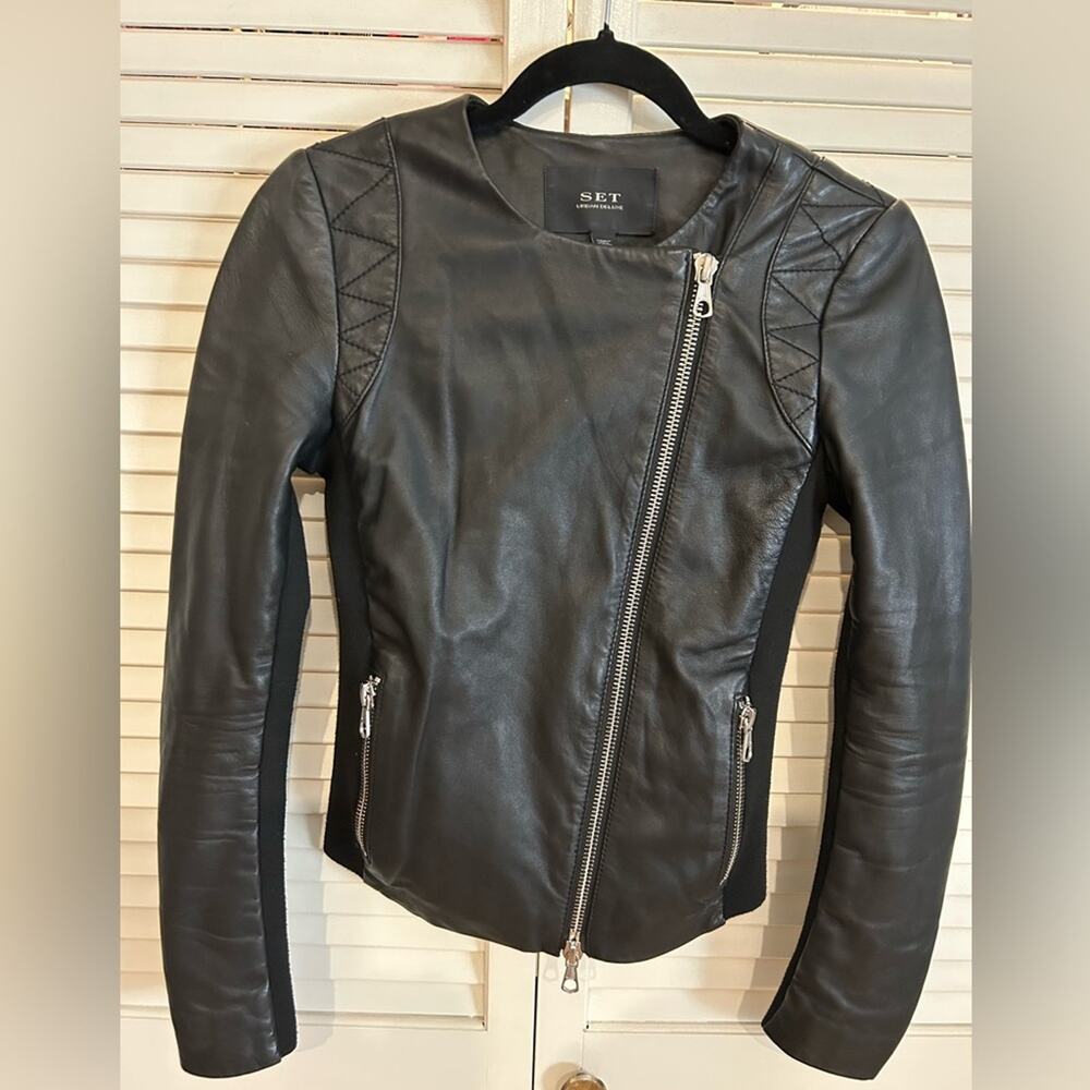 SET Urban Deluxe Black Leather 90s Y2K Moto Jacket